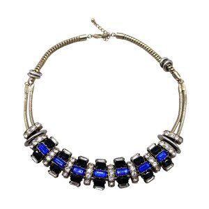 Rhinestones and Blue Crystal Choker Necklace Silver Gold Tone Elegant Fashion